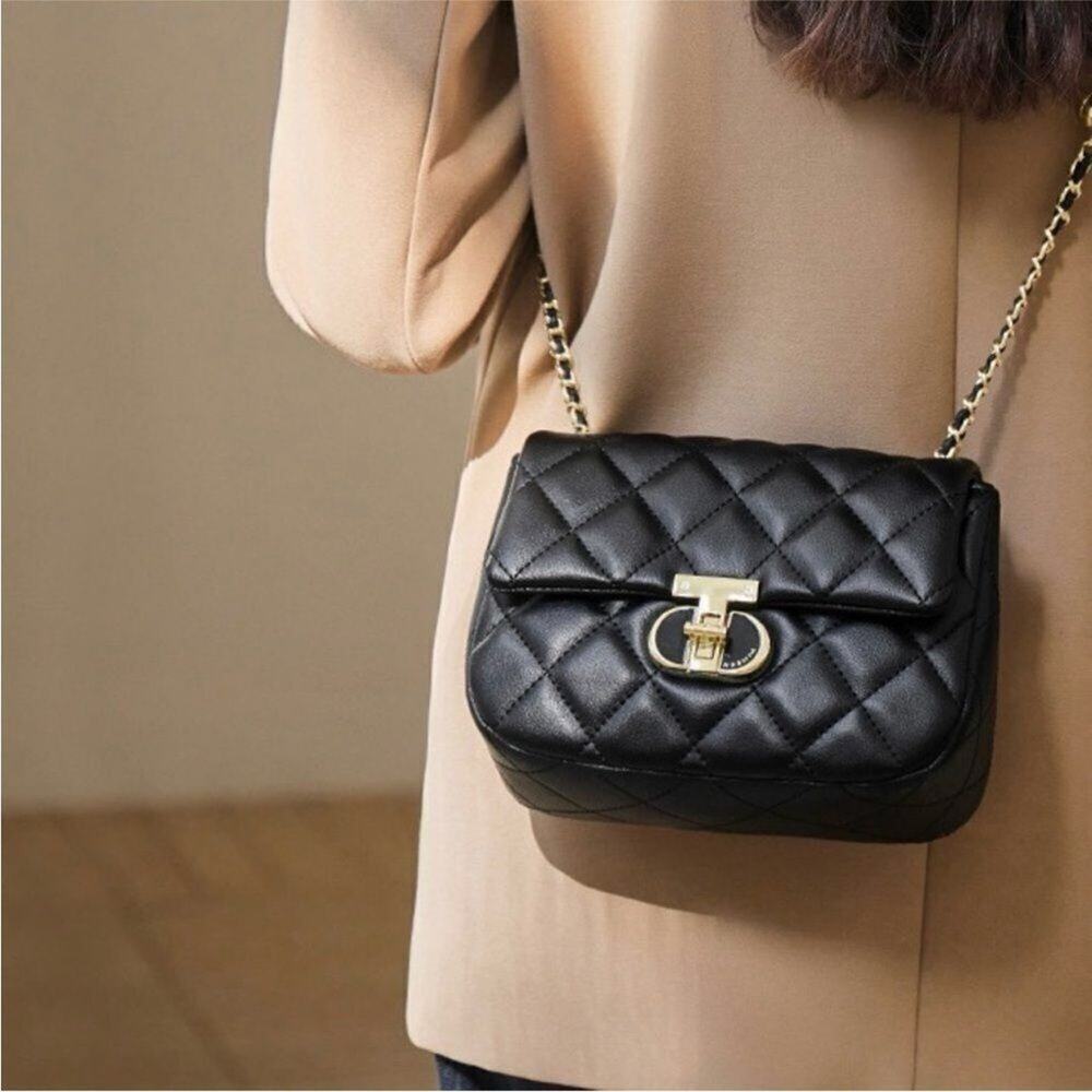 Black Quilted Lock Closure Chain Crossbody Bag